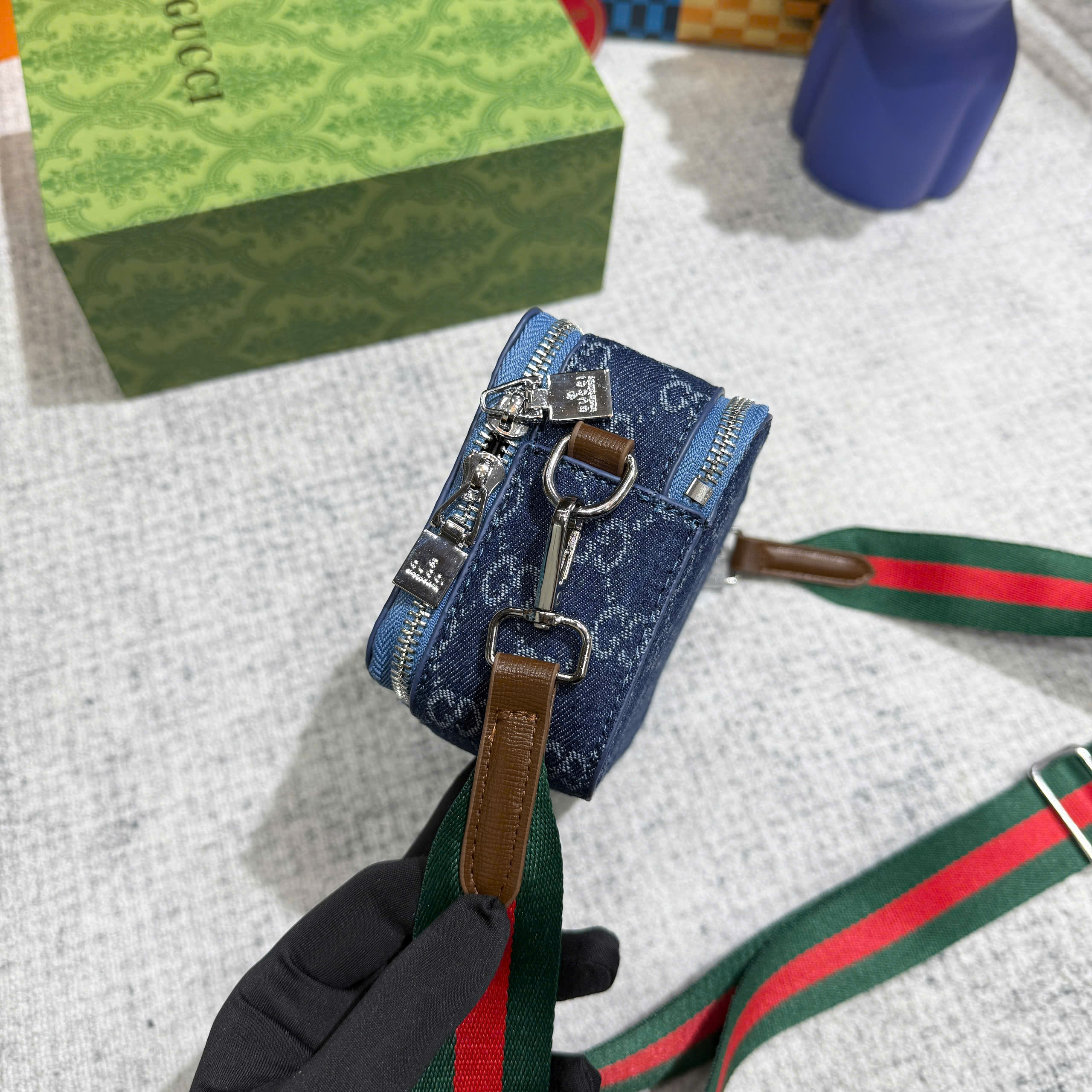 Túi hộp đeo chéo Gucci GC Xanh jean họa tiết monogram logo GG size 18cm Like Auth on web fullbox bill thẻ PLD